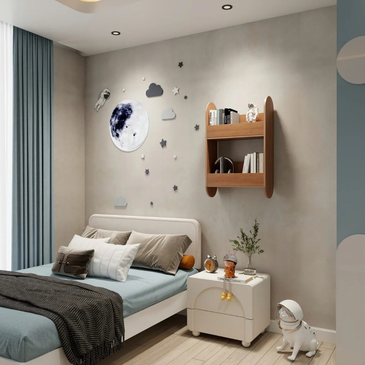 Bibliothèque murale en bois dans une chambre enfant au style scandinave