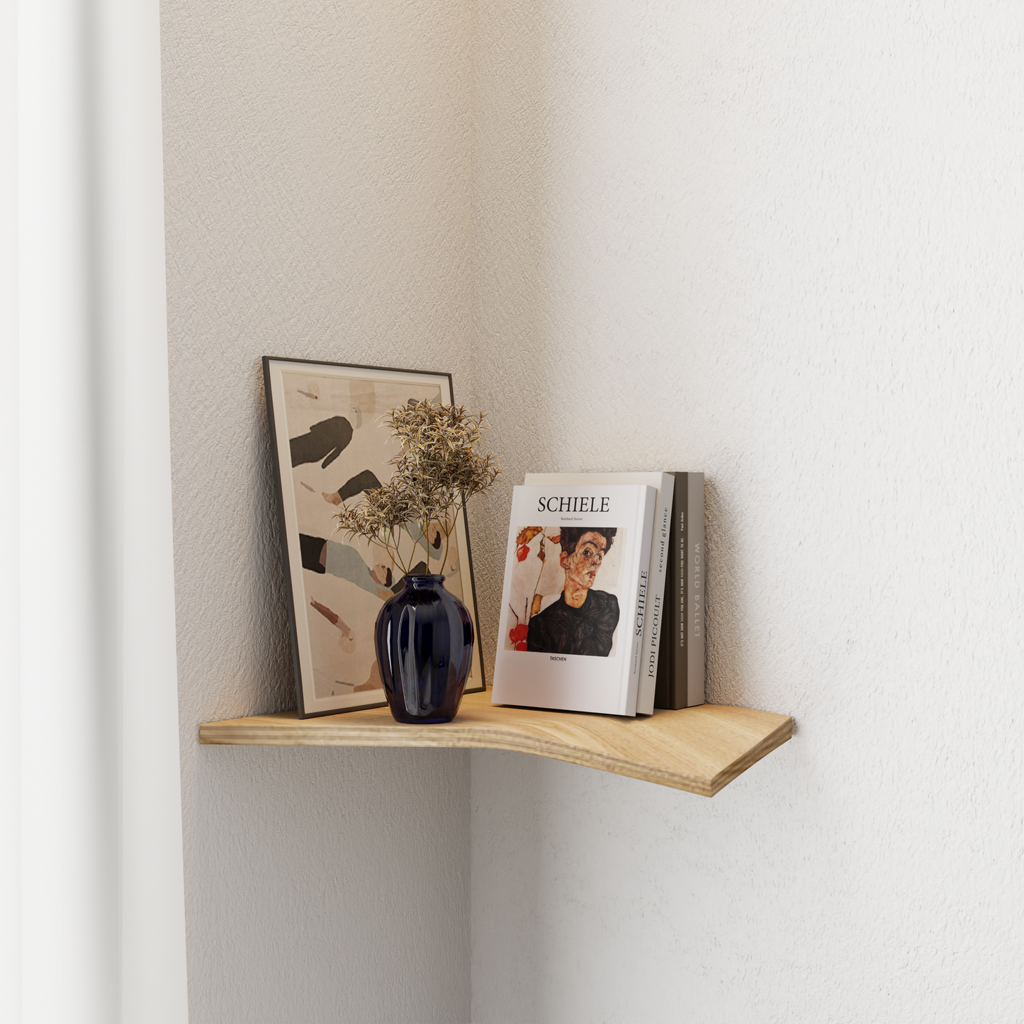 Étagère d'angle en bois noyer pour chambre bébé ou chambre enfant, décoration murale scandinave