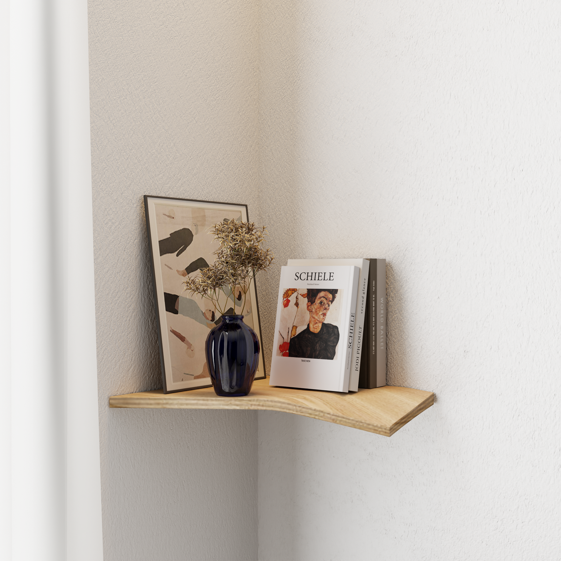 Étagère d'angle en bois noyer pour chambre bébé ou chambre enfant, décoration murale scandinave